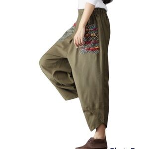 WOMEN’S Retro Ethnic Style Patchwork Elastic Waist Loose Wide Leg Linen Pants!